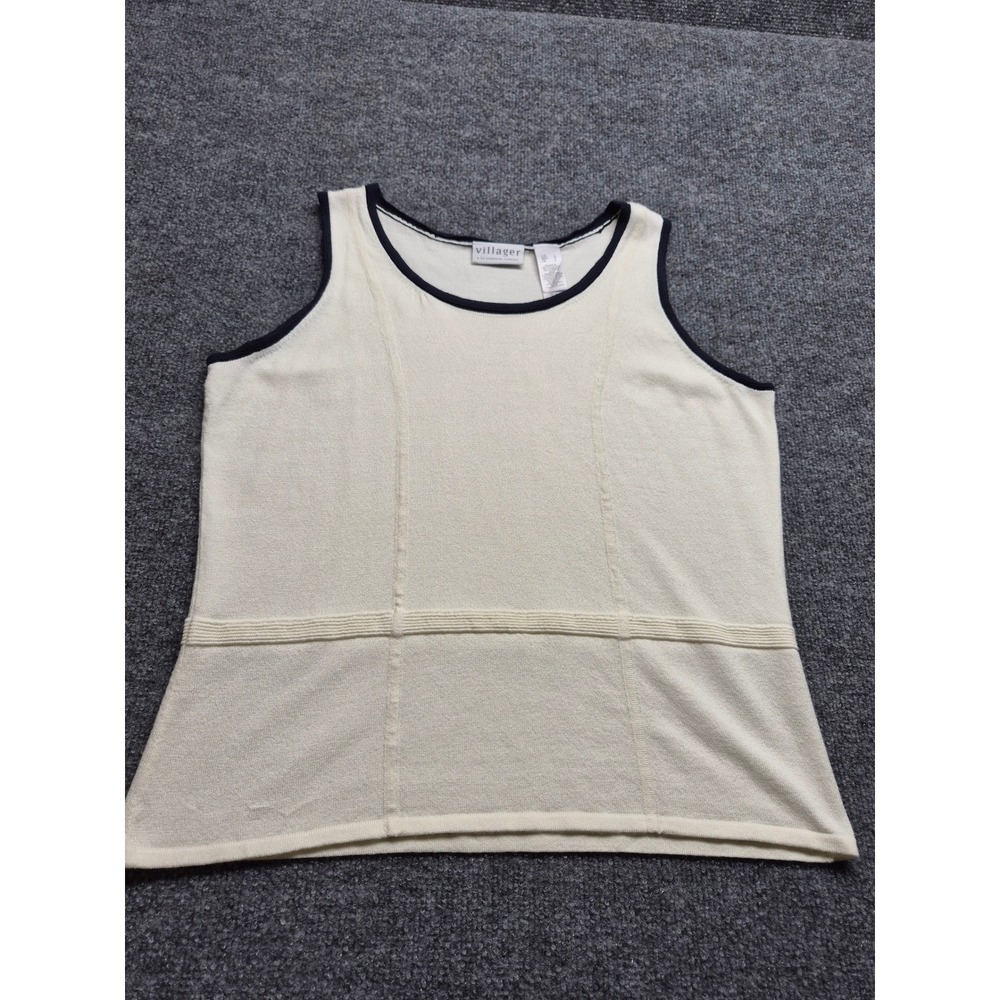 Villager Liz Claiborne Knit Shell Top Cream Black Trim Sleeveless Sweater Large